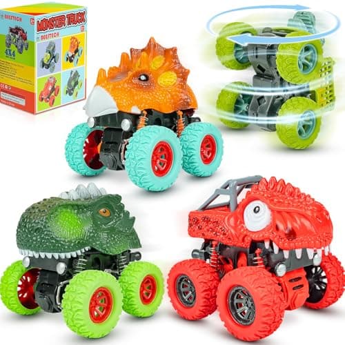 Beestech Dinosaur Toys for 2 3 4 5 Year Old Boys, Push & Pull Friction Powered Dinosaur Monster Truck Vehicles for Toddlers Preschoolers Birthday Gifts