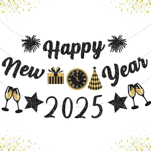 IMISHM Black Gold New Years Decorations 2025 Glitter Happy New Year Banner New Years Eve Party Supplies New Years Eve Decorations Happy New Year Sign For New Year Party Decorations