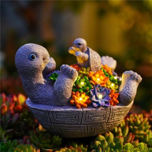 Pohabery Solar Turtle Figurines Garden Decor, Cute Turtle Statue with Baby with 8 LED Solar Lights Garden Lawn Decorations for Patio & Yard, Gifts for Mom