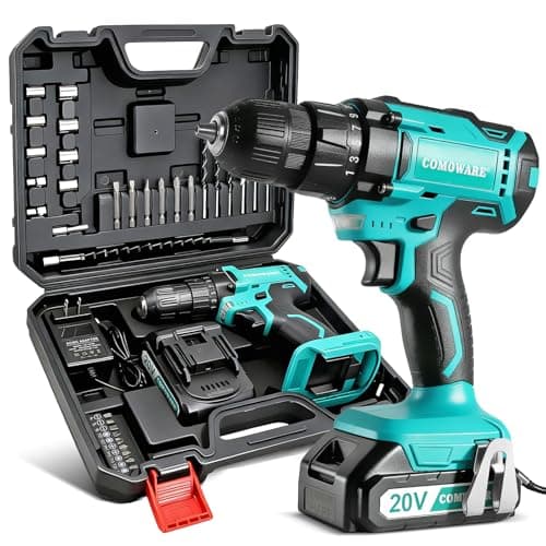 COMOWARE 20V Cordless Drill, Electric Power Drill Set with 1 Battery & Charger, 3/8” Keyless Chuck, 2 Variable Speed, 266 In-lb Torque, 25+1 Position and 34pcs Drill/Driver Bits