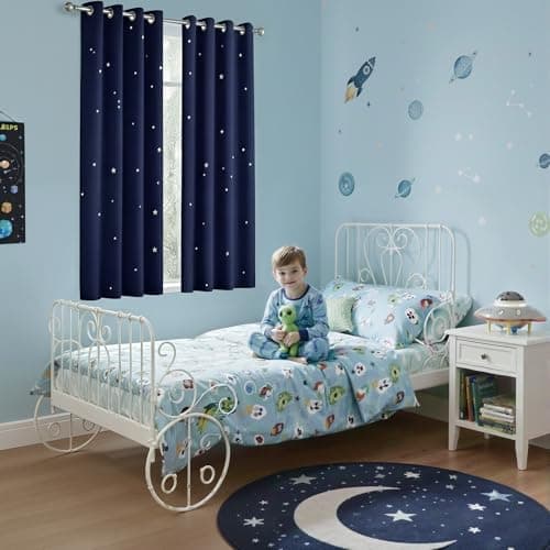 NICETOWN Kids Blackout Curtains for Bedroom - Hollow Star Space Inspired Night Sky Twinkle Blue Children Star Curtain, Window Drape (1 Panel, 52 x 63 inches Panel, Navy Blue)