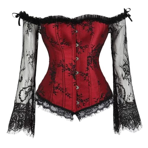 SZIVYSHI Red Corset Tops for Women with Sleeves, Bustier Overbust Lace Up Bodice Lingerie, Renaissance Vintage Steampunk Exotic Fashion Strapless Shirt, Busk Closure,S