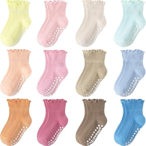 Aroveea Baby Toddler Girls Socks Grip Ruffle Non Slip Girls Cotton 12 Pack Socks for 1-3T Kids Cute Ankle 6M-7Years
