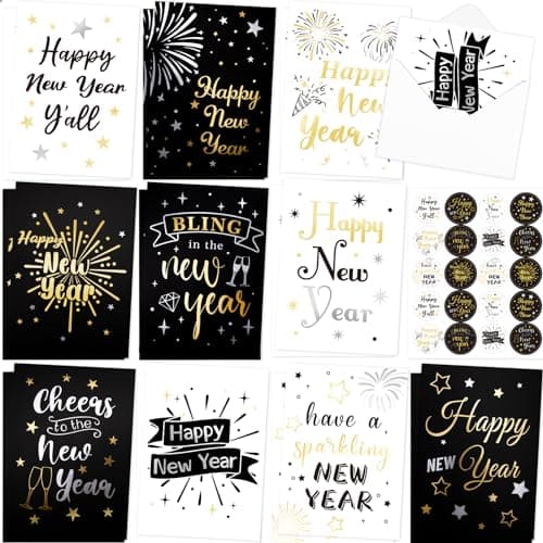 ceiba tree 20PCS Happy New Year Cards Gold Foil New Years Eve Greeting Card for Office Business School