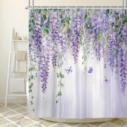 Purple Lavender Floral Butterfly Shower Curtain, Spring Purple Lilac Flower Leaves Fabric Shower Curtains Set for Girl Bathroom Decorative, Watercolor Restroom Decor Accessories with Hooks 72X72 Inch