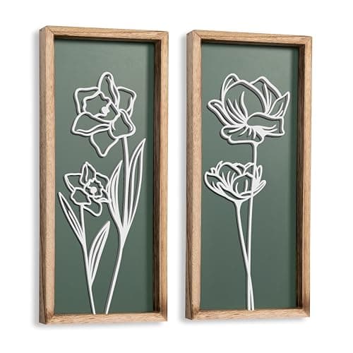 3D Floral Green Wall Art (Set of 2) Lightweight, Wooden Ready-to-Hang Boho Framed Wall Art for Bathroom, Bedroom, Living Room or Office – Premium Sage Green Farmhouse Decor – Gift-Boxed