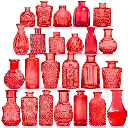 KOIUEYW Red Glass Bud Vases Set, 24 Pcs Vintage Small Vases for Flowers, Crystal Mini Glasses in Bulk, Small Flower Design for Centerpieces Wedding Decorations Home Flower Party Decor