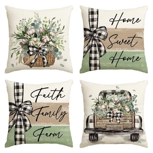 AVOIN colorlife Home Sweet Home Farmhouse Eucalyptus Leaves Throw Pillow Covers, 18 x 18 Inch Truck Stripes Buffalo Plaid Cushion Case Decorations Set of 4