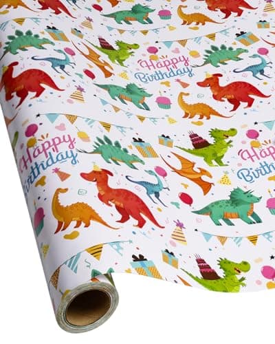 Gift Wrapping Paper Rolls,Cute Dinosaurs Happy Birthday Wrapping Paper For Boys,Wrapping Paper Rolls Gift Wrap Paper Dinosaur Parties,Baby Showers ,Happy Bday Wrap,17 Inch X 120 Inch Per Roll.