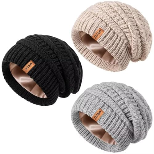3 Pack Satin Lined Beanie for Women, Warm Slouchy Winter Hats with Silk Lined, Fashionable Oversized Cable Knit Hat Skull Cap-01