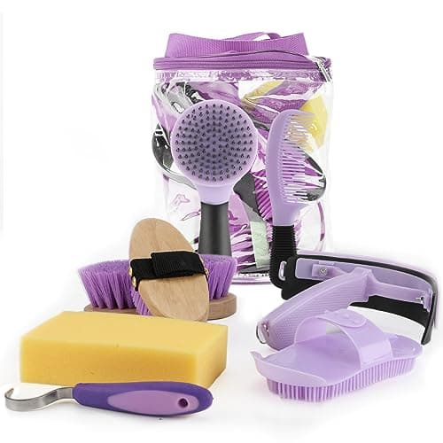 GINDOOR 9 Pieces Grooming Kit with Tote Bag, Sweat Scraper, Sponge, Hoof Pick, Curry Comb for Horse Riders Beginners (Purple)