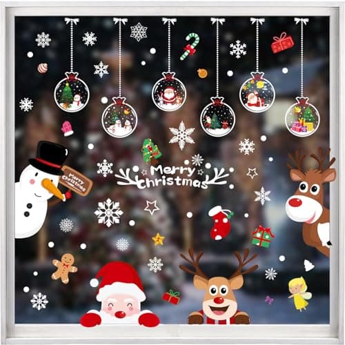 NEWMIAO Christmas Window Cling Stickers for Holiday Decorations, 9 Sheets Christmas Window Clings Snowflake Santa Claus Reindeer Snowman Xmas Decals for Glass Home Decor Party Supplies