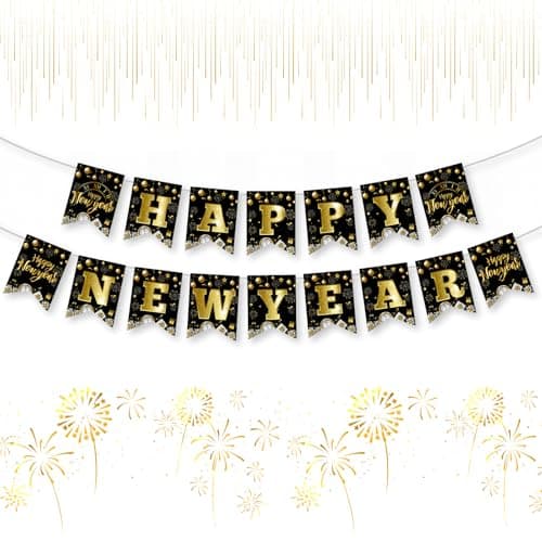 Happy New Years Eve Decorations 2026 - Black Gold Happy New Year Banner, New Years Sign Bunting Banner Garland for 2026 New Year Party Supplies, Home Office Fireplace Wall Decorations Favors Props
