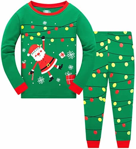 Akyzic Kids Christmas Pajamas Santa Claus Toddler Boys Long Sleeve Xmas Pjs Set Christmas Jammies Girls Green Holiday Pj 6t