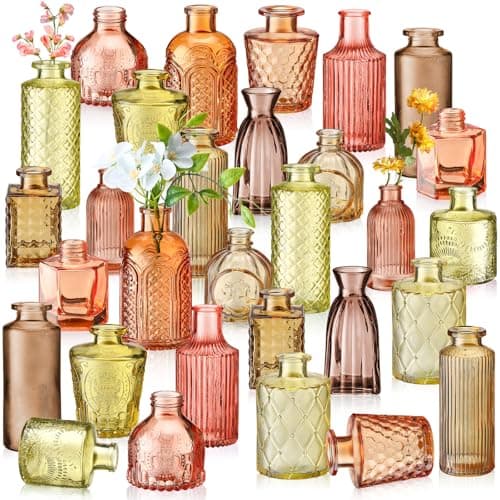 Yaomiao 30 Pcs Vases Bulk Colored Flower Glass Christmas Vases Bud Vintage Colored Glass Bottles Colorful Rustic Embossed for Home Wedding Table Decorations Gifts(Orange Yellow Series)
