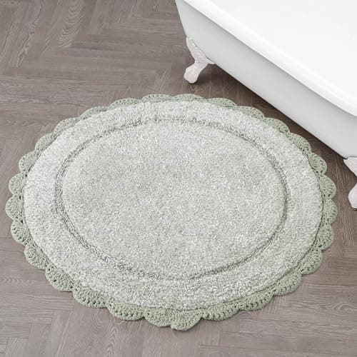 Laura Ashley Eloise 100% Cotton Round Bath Mat with Crochet Border, Soft & Absorbent, Sea Foam 26" Bathroom Rug