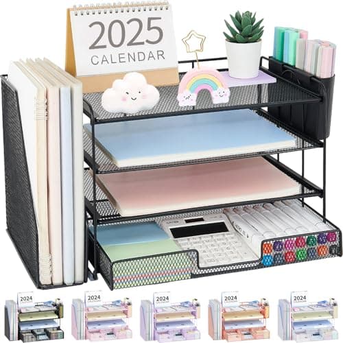 OPNICE Desk Organizer, 4-Tier Desktop File Organizer with Drawer and 2 Pen Holders, Office Desk Accessories, File Sorters, Workspace Organizers for Office Supplies(Black)