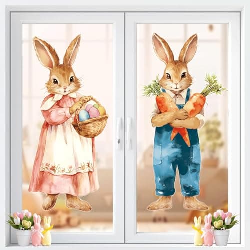 CHUNNIN 2Pcs Extra Large Easter Bunny Window Clings Spring Easter Window Decorations Vintage Easter Window Stickers Farmhouse Rustic Rabbit Carrots Decor for Glass Home Holiday Easter Party Supplies