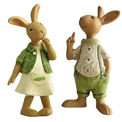 KiaoTime Set of 2 Vintage Rustic Country Bunnies Figurine Ornament Decorative Easter Decor Resin Bunnies Rabbit Egg Figurine Rabbit Statue (Standup Bunnies)