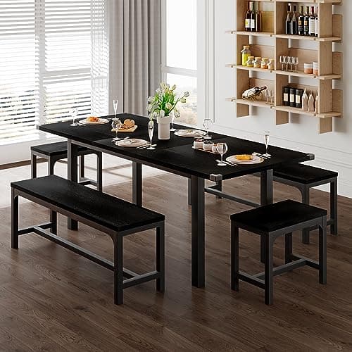 Feonase 5-Piece Dining Table Set for 4-8 People, 63" Large Extendable Kitchen Table Set with 2 Benches and 2 Square Stools, Dining Room Table with MDF Wood Board, Easy Assembly, Black