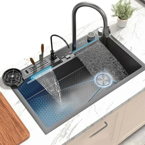 Black Kitchen Sink Twin Waterfall Kitchen Sink 31.5" Stainless Steel Single Bowl Sink with Faucet, Modern Honeycomb Nano Workstation Sink with LED Display, Fregaderos de Cocina Modernos