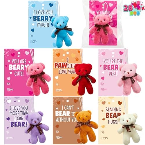 JOYIN 28 Packs Valentine's Day Gift Cards with Mini Bears Plush Toy Party Favors, Mini Stuffed Animal Plush Toys for Valentines Day Gifts, Kids Classroom School Exchange Prize (Brown Bear)