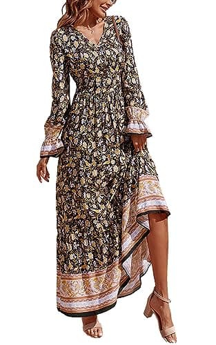 PRETTYGARDEN Long Sleeve Maxi Dress for Women - Summer Casual V Neck Boho Floral Chiffon Maternity Long Dresses (Black Yellow,Medium)