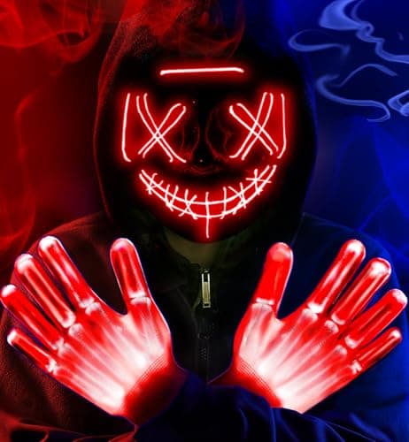 letosan Halloween Mask LED Light Up Purge Mask with LED Gloves, 3 Modes Glow Scary Halloween Costume for Kids Boys Girl Teen Halloween Decorations Cosplay Anonymous Carnival Costumes