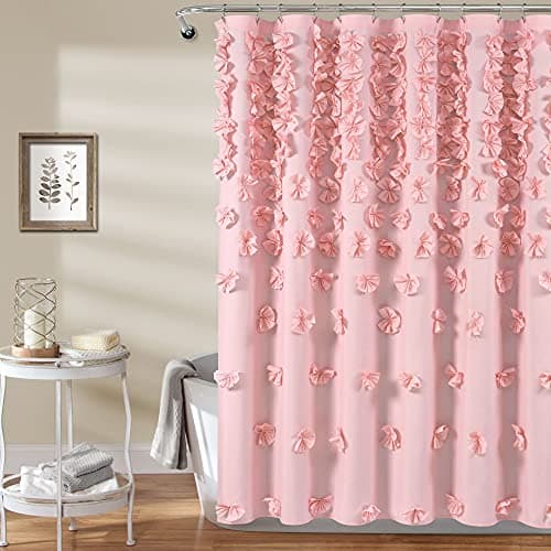 Lush Decor Riley Shower Curtain, 72" W x 72" L, Pink - Luxury Shower Curtain With Bows - Charming Texture - Beautiful & Elegant Girly Bathroom Accessory - Romantic, Vintage Glam Bathroom Decor