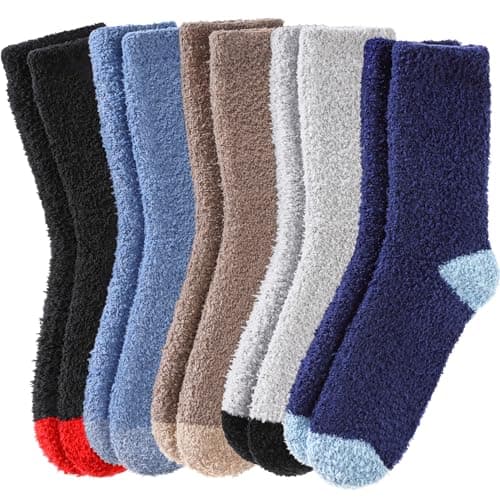 FNOVCO Mens Fuzzy Slipper Fluffy Socks Winter Warm Microfiber Plush Sleeping Socks 5 to 6 Pairs (5 Pairs Solid)