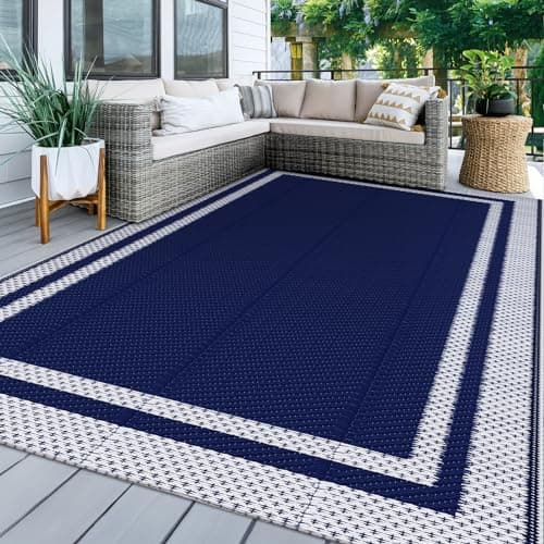 KMAT Outdoor Rug, Waterproof Reversible Patio Rugs, 5x8ft Large Outdoor Area Rug Foldable Plastic Camping Rugs for Outside RV, Patio,Picnic,Camper,Balcony,Porch (Blue &White)