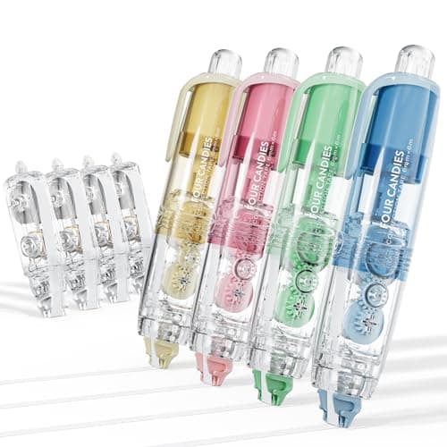 Four Candies 4PCS Refillable Retractable White Correction Tape, Colorful Aesthetic Pen Shaped Quick Dry Smooth Instant Applicator with 4 Extra Refills for Students School Office Supplies