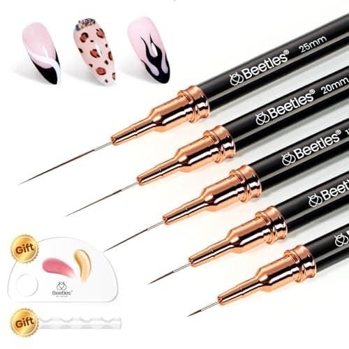 Beetles Liner Brushes for Nails 5pcs - Metallic Nail Art Brushes Black Nail Art Pens Liner Sizes 5/9/15/20/25mm with Palette Holder Painting Manicure Design Tools for Long Lines, Details, Fine Drawing