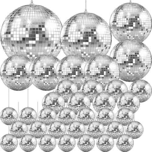 The Dreidel Company Mirror Disco Ball 36-Pack Variety of Sizes, Silver Hanging Ball with Attached String for Ring, Reflects Light, Fun Party Home Bands Decorations