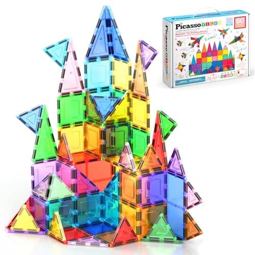 PicassoTiles Magnetic Tiles 60pcs Kids Toys Classroom Sensory Toy for Toddlers STEM Learning Building Blocks, Montessori Pretend Play Magnet Tile Construction Stacking Block Boys Girls Ages 3+ PT60