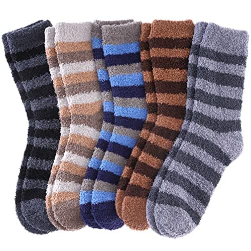 FNOVCO Mens Fuzzy Socks Soft Cozy Slipper Fluffy Socks Winter Warm Microfiber Plush Sleeping Socks 5 to 6 Pairs (5 Pairs Stripe Series 02)