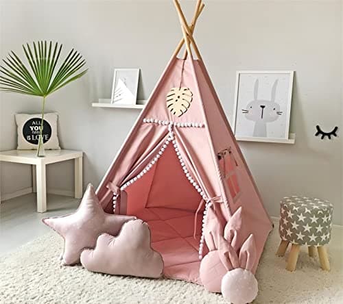 Play Tent Foldable Cotton Canvas Kids Teepee Tent with White Pom Pom Indoor Tipi Play Tent for Children Grils Playhouse with Carry Bag Without Mat