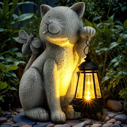 Solar Garden Outdoor Statues Cat with Solar Lantern,Outdoor Cat Figurines Decorations,Lawn Home Decor for Patio, Balcony, Yard Ornament,Unique Housewarming and Birthdays Gifts for Mom Women Grandma