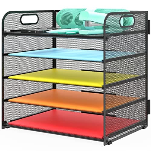 Letter Tray Paper Organizer 5-Tier Desk Organizer File Organizer Paper Holder with Handle, Metal Desktop Document Shelf Tray Office Classroom Organization - Black