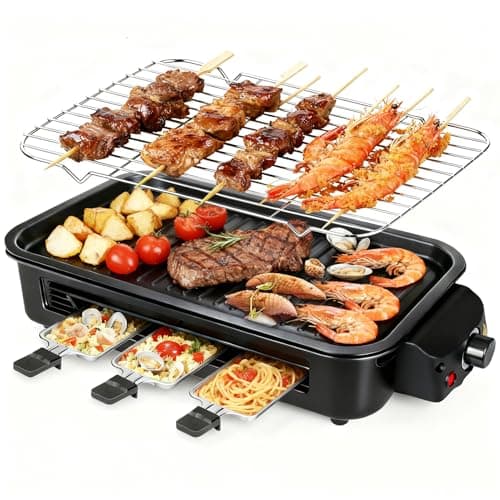 2 in 1 Electric Indoor Grill 1500W - YOHAWJAN Black Smokeless Indoor Grill Pan with Grilling Net & Non-Stick Removable Griddle Plate, Temperature Control Korean BBQ Grill for Kitchen with 3 Cheese Pan