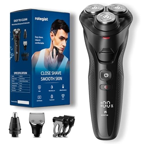 Electric Razor for Men, rategist Rechargeable Electric Shaver, Waterproof Wet Dry Cordless Razor, Adjustable Speeds, with Nose Hair Trimmer, Sideburns Trimmer