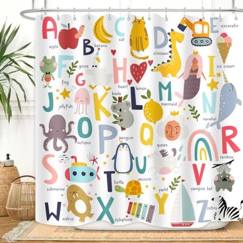 ZXMBF Kids ABC Shower Curtain Alphabet Educational Learning Tool Baby Cartoon Animals Girls Boys Colorful Bath Curtain Decor Waterproof Fabric 72Lx72W Inch with Hooks