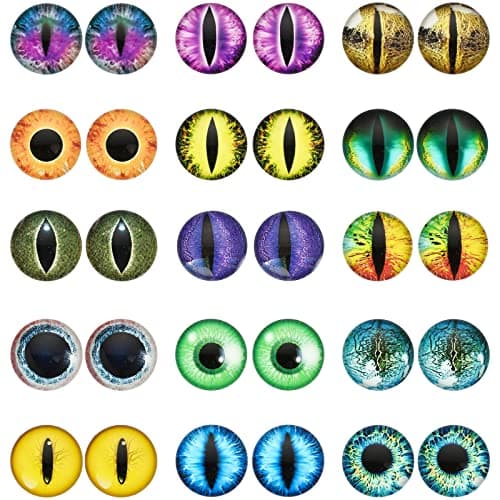 CHGCRAFT 30Pcs 15 Style Luminous Cat Eyes Glass Cabochons Glow in The Dark Half Round Animal Eyes Flatbacks for DIY Craft Necklace Bracelet Making, 20mm