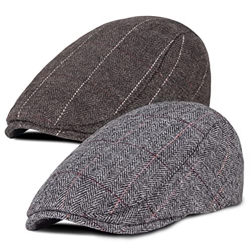 Senker 2 Pack Men's Classic Herringbone Tweed Wool Blend Flat Cap Ivy Gatsby Newsboy Cabbie Driving Hat,A-brown/Grey,One Size