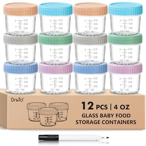 DRKIO 12 Pack Glass Baby Food Storage Containers - 4 Oz Baby Food Jars with Lids Baby Food Maker Microwave Dishwasher Freezer Safe 100% Leak Proof BPA Free Reusable