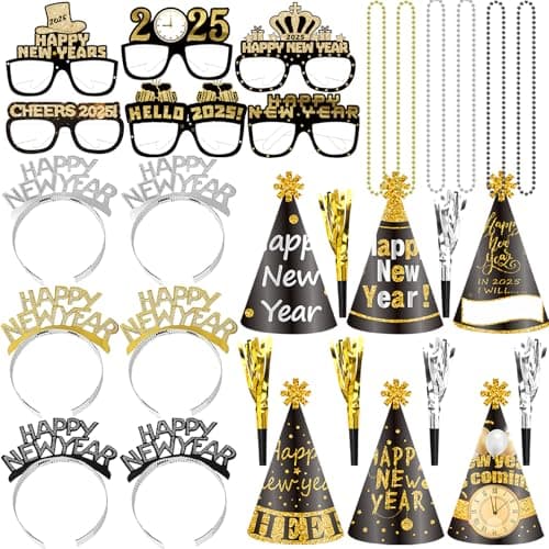 2025 New Year Party Supplies 36 PCS New Year Eve Party Decorations Happy New Year Celebration Hats,Hairband,Horns,Necklances for New Year Party Favors