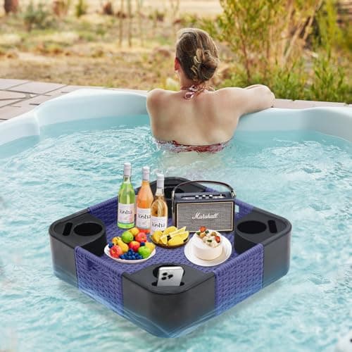COOS BAY 24''x24'' Square Floating Drink Holder for Pool and Hot Hub, Large Floating Serving Tray with Handles, Wicker Floating Pool Tray for Food and Drinks, Blue