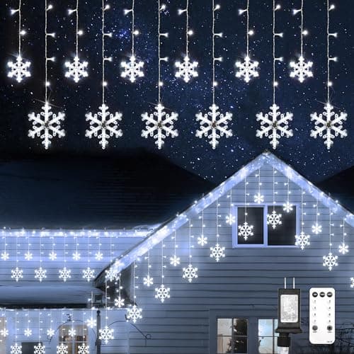 suddus Christmas Snowflake Lights Outdoor, 10.7ft 168 LED Connectable Holiday String Lights Plug in with 14 Drops, Hanging Icicle Lights for Outside, Eaves, House, Window, Yard, Indoor Decor, White