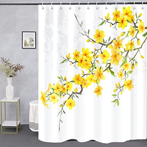 GKLEASG Yellow Floral Shower Curtain, Flower Blossom Plant Botanical Spring Durable Waterproof Machine Washable with Hooks for Bathroom Bathtub 72x72