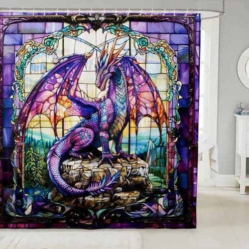 Purple Dragon Shower Curtains,Pine Mountain Natural Rustic Farmhouse Bathroom Curtains for Boys Girls Men,Western Dragon Magical Animal Trippy Waterproof Curtains,12 Hooks Suits,72" W x 72" L